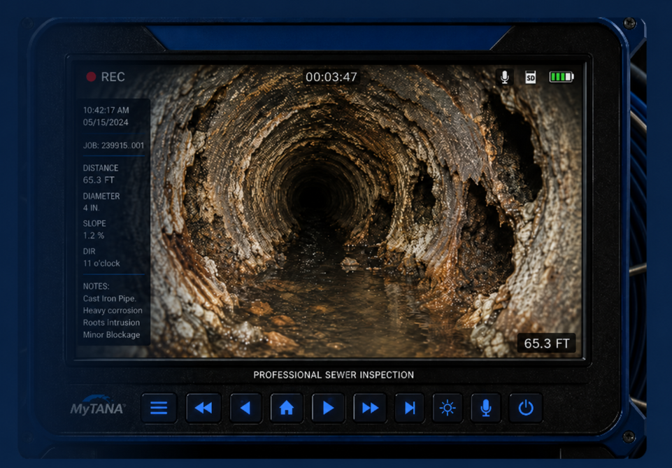 Trenchless Pipe Solutions sewer inspection camera monitor showing the inside of a cast iron pipe