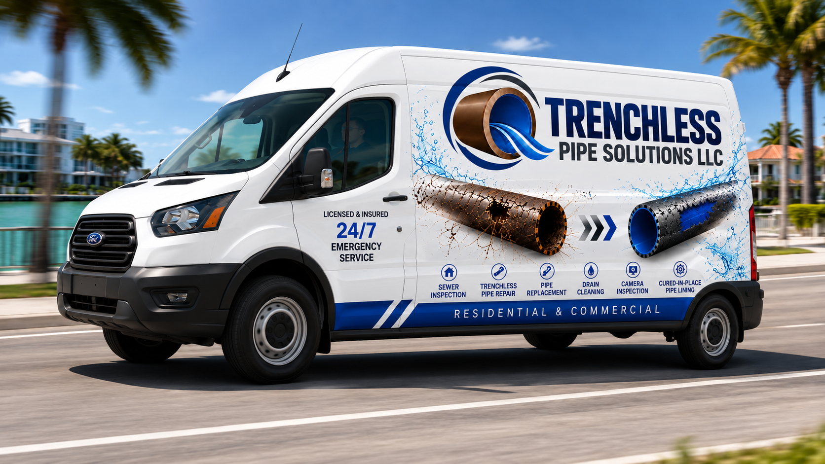 Trenchless Pipe Solutions branded service van driving along the waterfront