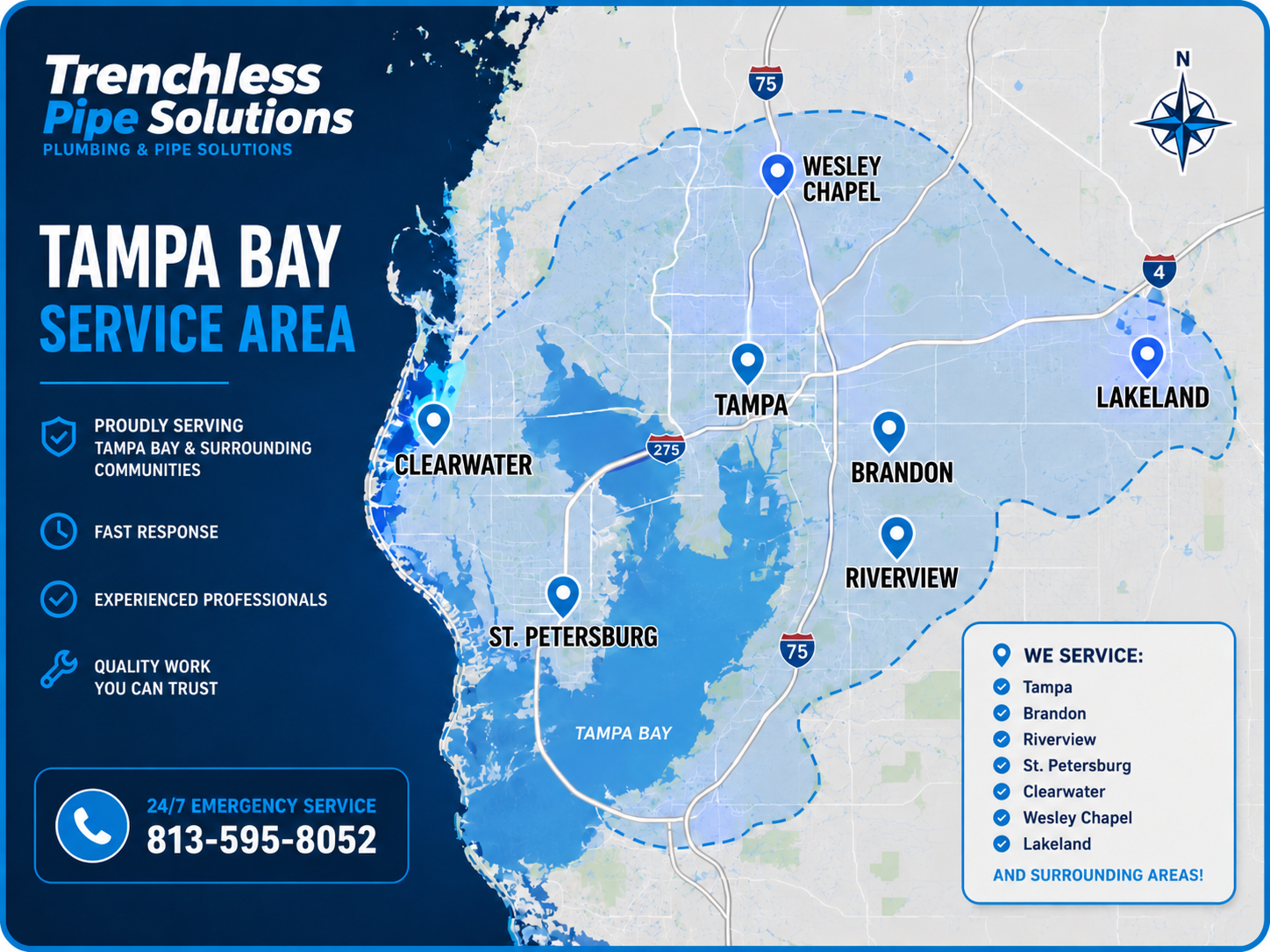 Map of Trenchless Pipe Solutions service area across Tampa Bay including Tampa, Brandon, Riverview, St. Petersburg, Clearwater, Wesley Chapel, and Lakeland