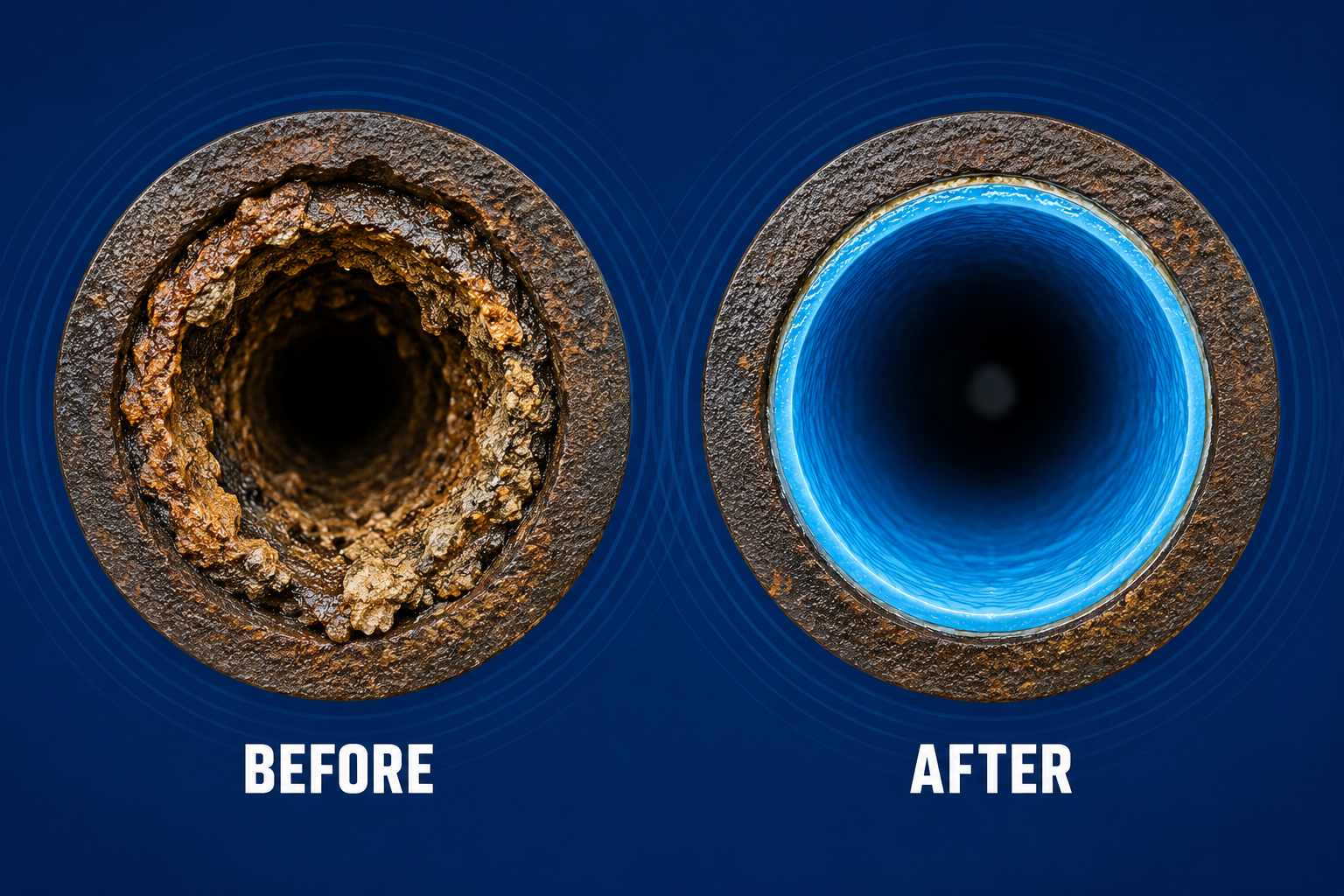 Before and after comparison of a cast iron pipe interior showing corrosion versus a restored blue trenchless pipe lining